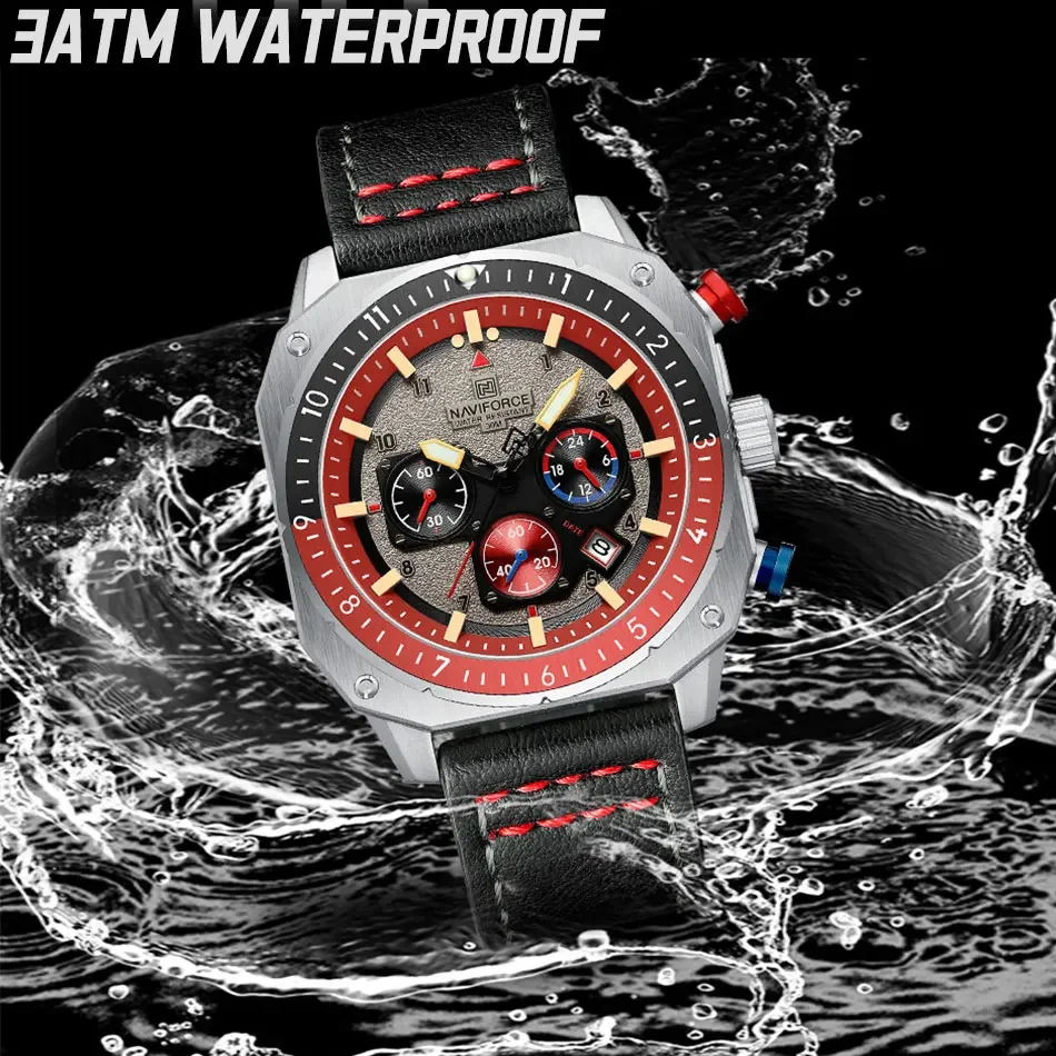 NAVIFORCE NF8057 Sports Multifunction Waterproof Calendar Fashion Leather Strap Luxury Brand Quartz Luminous Square Watch