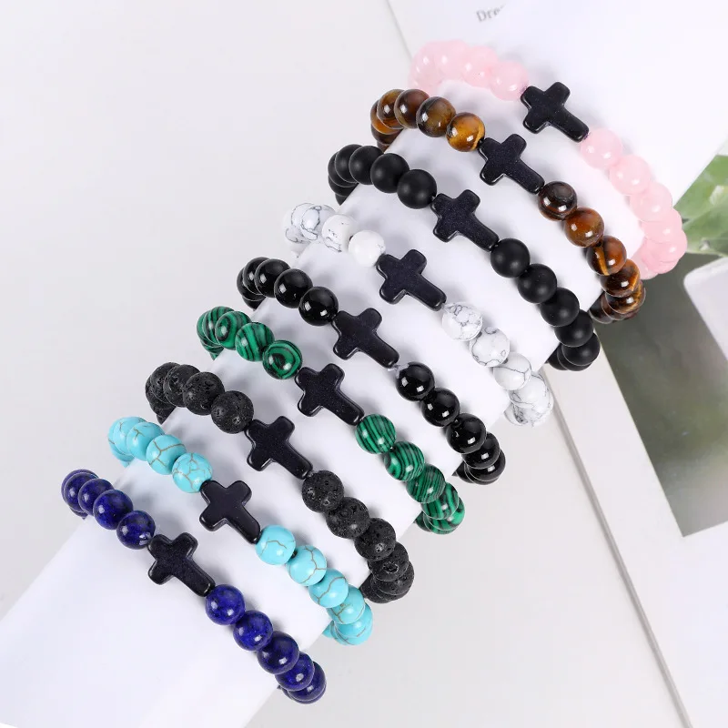 FTCY 8mm Black Turquoise Cross Bracelet Simple and Trendy Tiger Eye Stone Volcanic Stone Green Malachite Hand Jewelry Wholesale