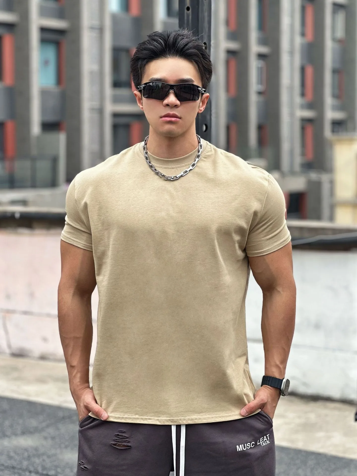 Gym Beige Muscle Sports Loose Cotton Fitness Short Sleeve Men's Basketball Autumn Running Training Elastic Sports T-Shirt