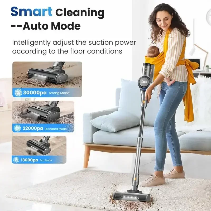 INSE S9 Smart Cordless Stick Vacuum Antitangle Roller Brush 30 Kpa For Hard Floors Carpets, Smart Induction, LED Screen