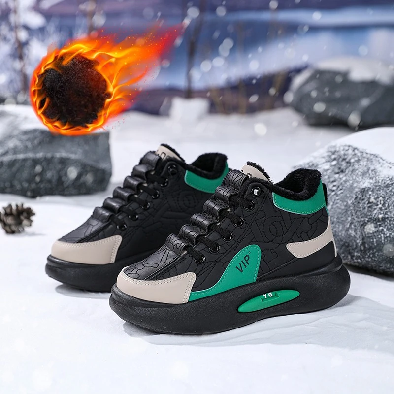 

Зимние детские кроссовки, модная теплая кожаная детская спортивная обувь, уличная нескользящая школьная баскетбольная повседневная обувь для мальчиков