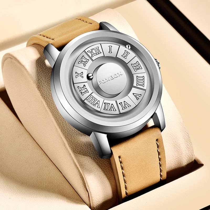 

FOXBOX мужские часы лучший бренд класса люкс кожаные водонепроницаемые часы для мужчин модные прокрутки указателя магнитная сила кварцевые наручные часы