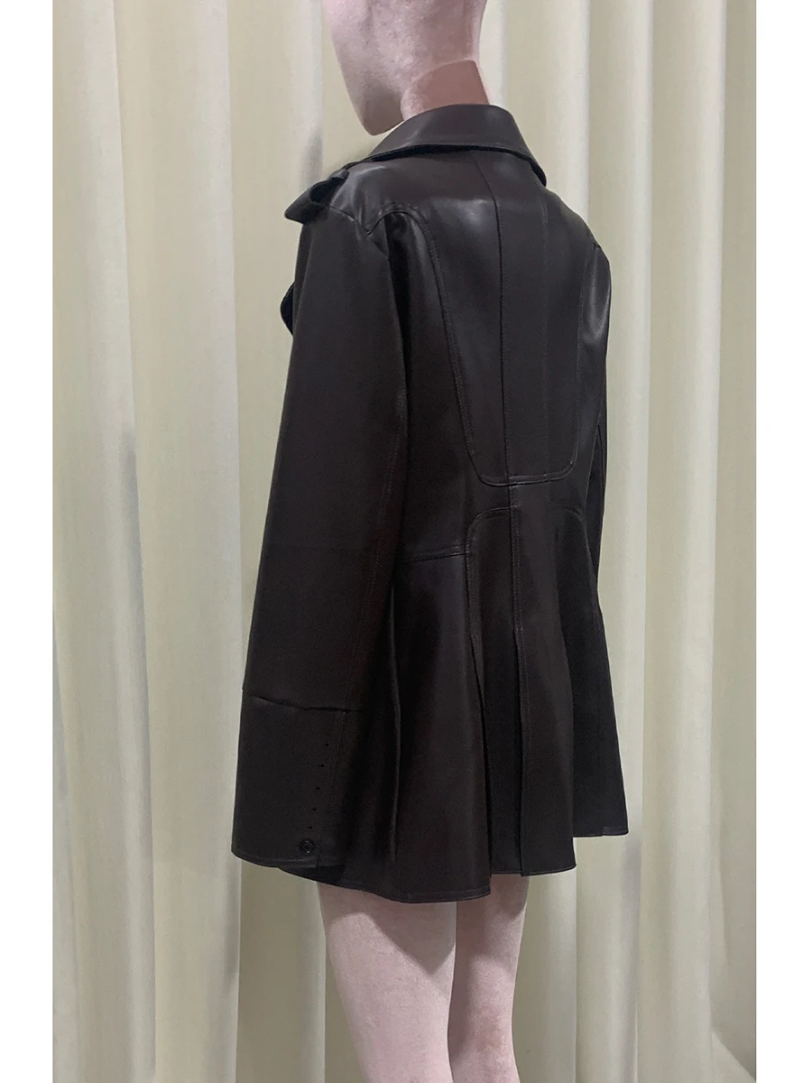 Spring Autumn Fitted Skirted Soft Brown Faux Leather Blazer Women Elegant Chic Luxury Designer European Fashion Emo Clothes 2025