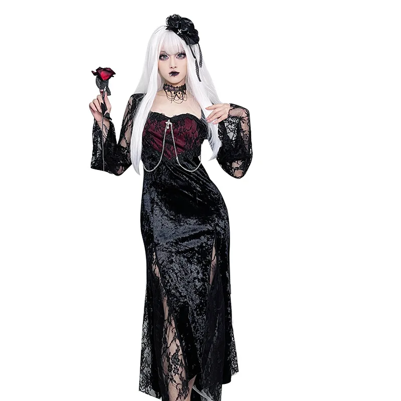Women Goth Dark Elegant Evening Dresses Velvet Midi Dress Carnival Party Lace Splice Sexy Outfits Halloween Witch Cosplay