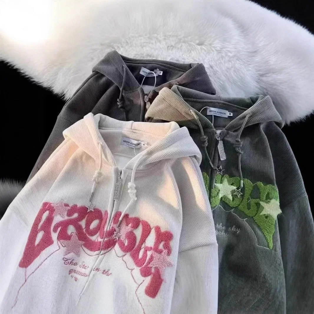 النمط الأمريكي سروال قصير هوديي المرأة الخريف الشتاء كسول نمط تصميم ملابس خارجية فريدة الهيب هوب فضفاضة تناسب لباس غير رسمي