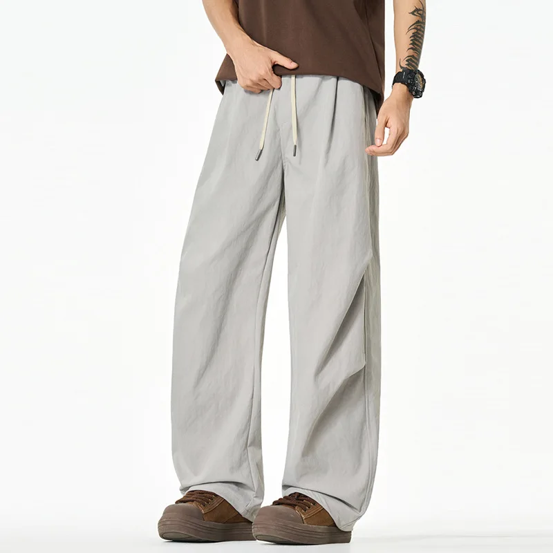 

American Style Fashion Men's Solid Color Loose Simple Basic Daily Casual Trendy Drawstring Wide Leg Trousers Male Pants Clothes