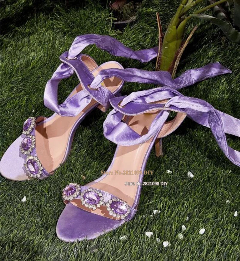 Purple Gemstone Decor High Heeled Sandals Satin Bowtie Straps Satin Thin Heeled Sandals Women High Heel Summer Shoes