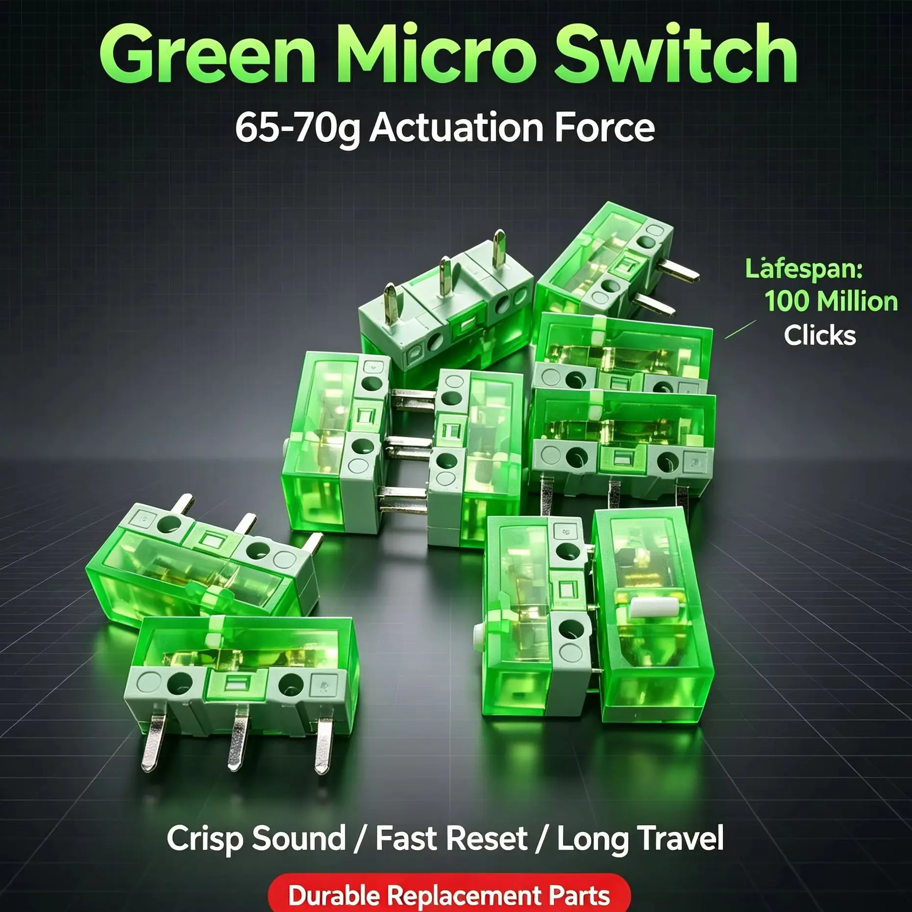 HUANO Green Micro Switch 3-Pin Rectangular Mouse Button Replacement, 100 Million Clicks Long Life, Universal for Gaming Mice