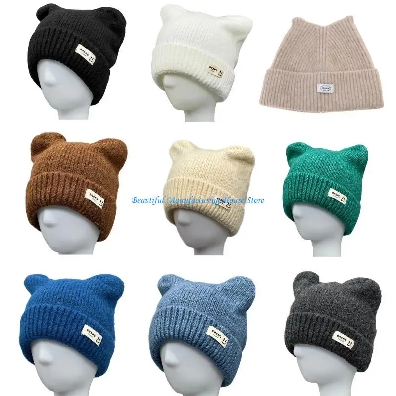 E56A Devil Horn Hat Skullies Beanie Little Devil Hat Ear Beanie Knit Hat