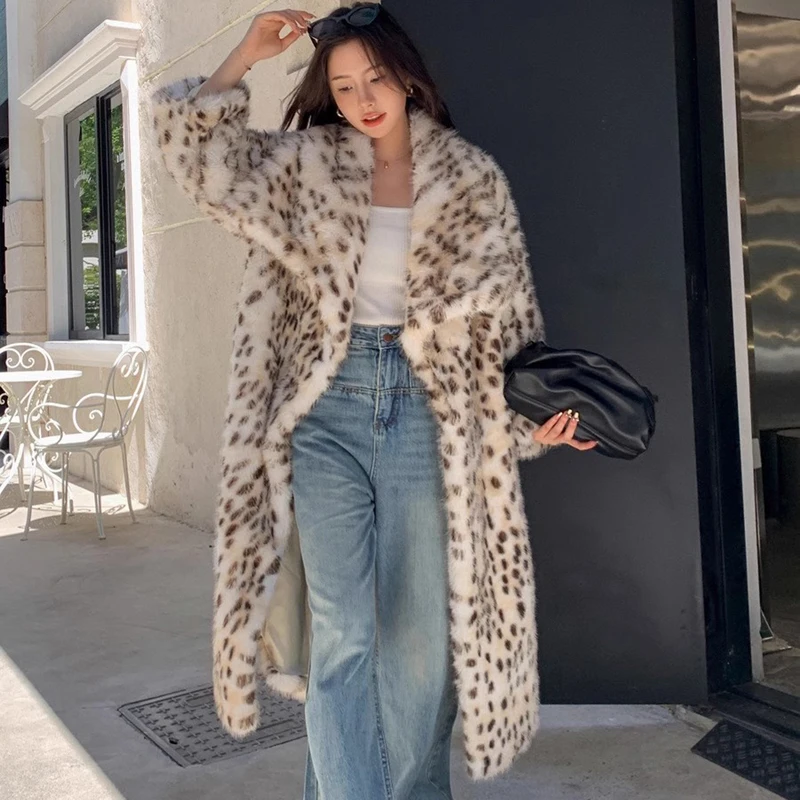 Women's leopard print plus size faux fur coat big lapel baggy fashion everything winter warm mink coat