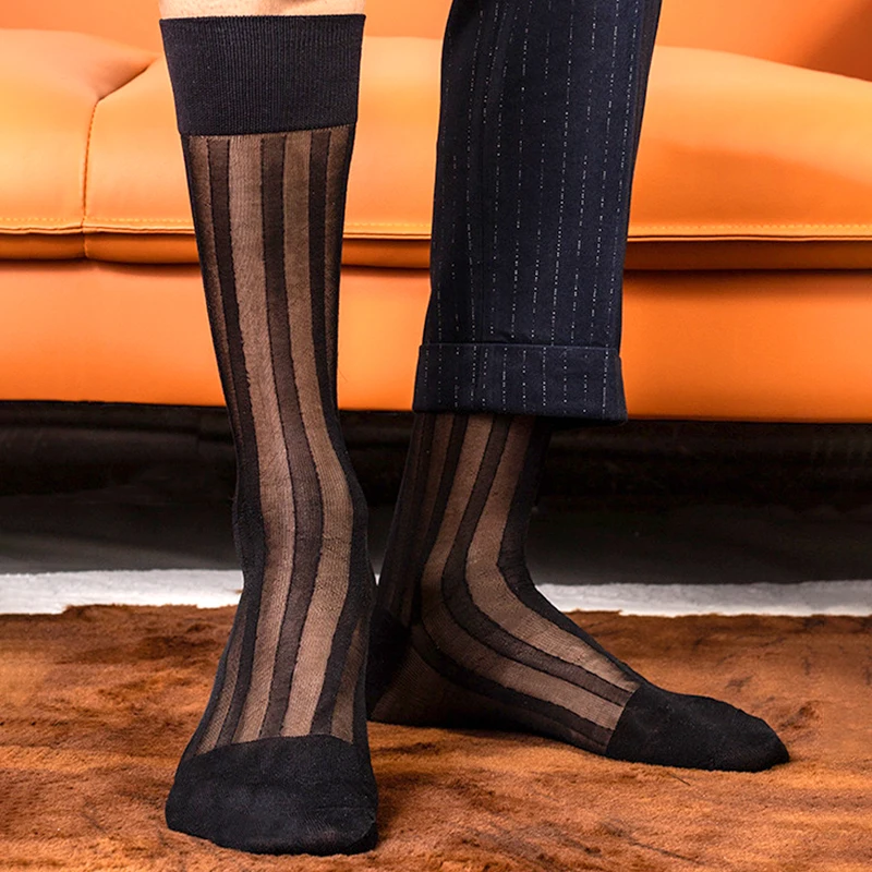 

1Pair Sexy Men Transparent Stockings Thin Nylon Striped Breathable Business Socks Elastic Below Knee Calf Formal Wear Crew Socks