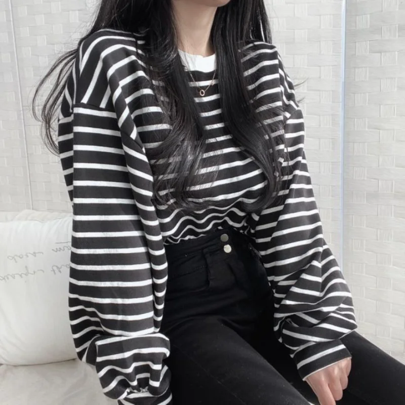 Casual Striped Loose T Shirts Spring Autumn New O-Neck Long Sleeve All-match Simplicity Tops Tees Fashion Korean Women Clothing