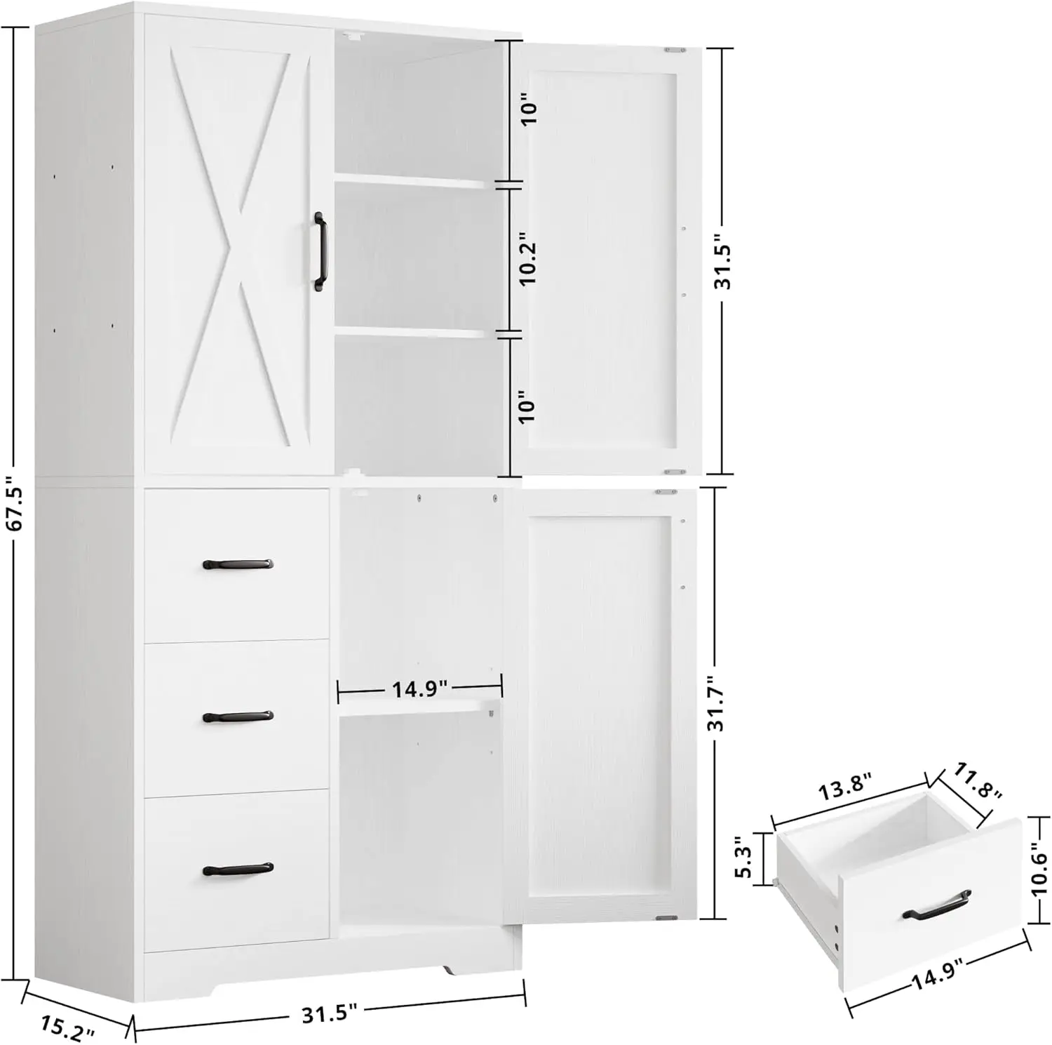 Farmhouse Kitchen Pantry Cabinet, Wooden, Multi - Color, 67.5 inch Tall with 3 Doors, Drawers & Adjustable Shelves