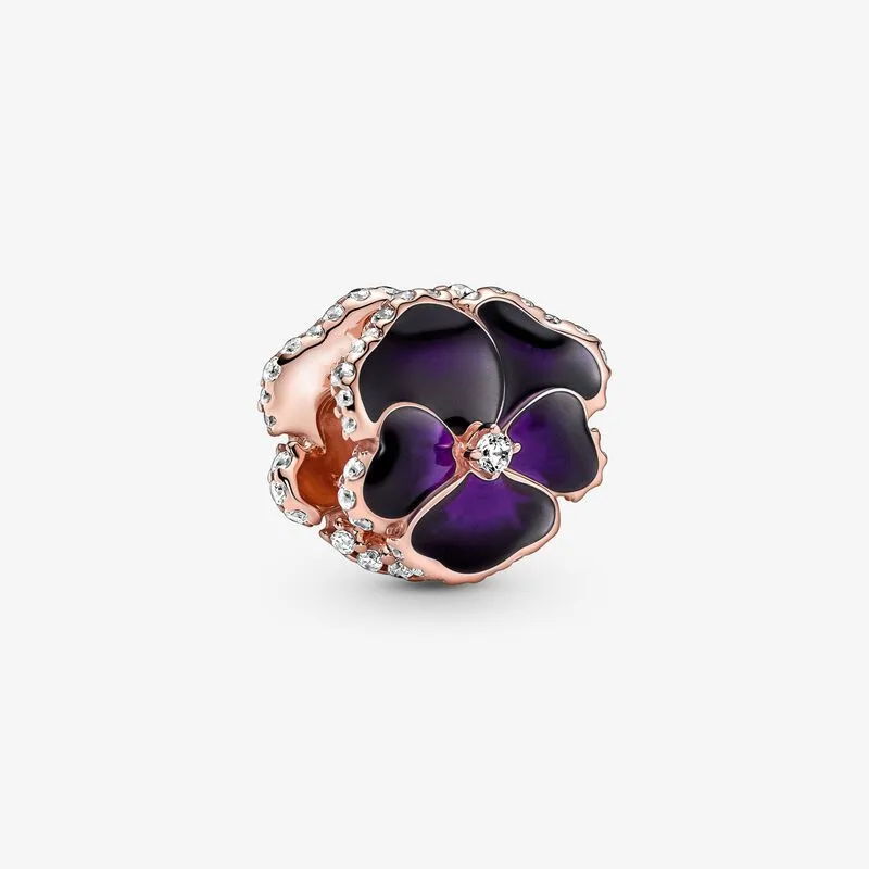 

2022 New Spring 925 Sterling Silver Deep Purple Pansy Flower Charm Beads Fits Original Pandora Bracelets Necklace Bangle