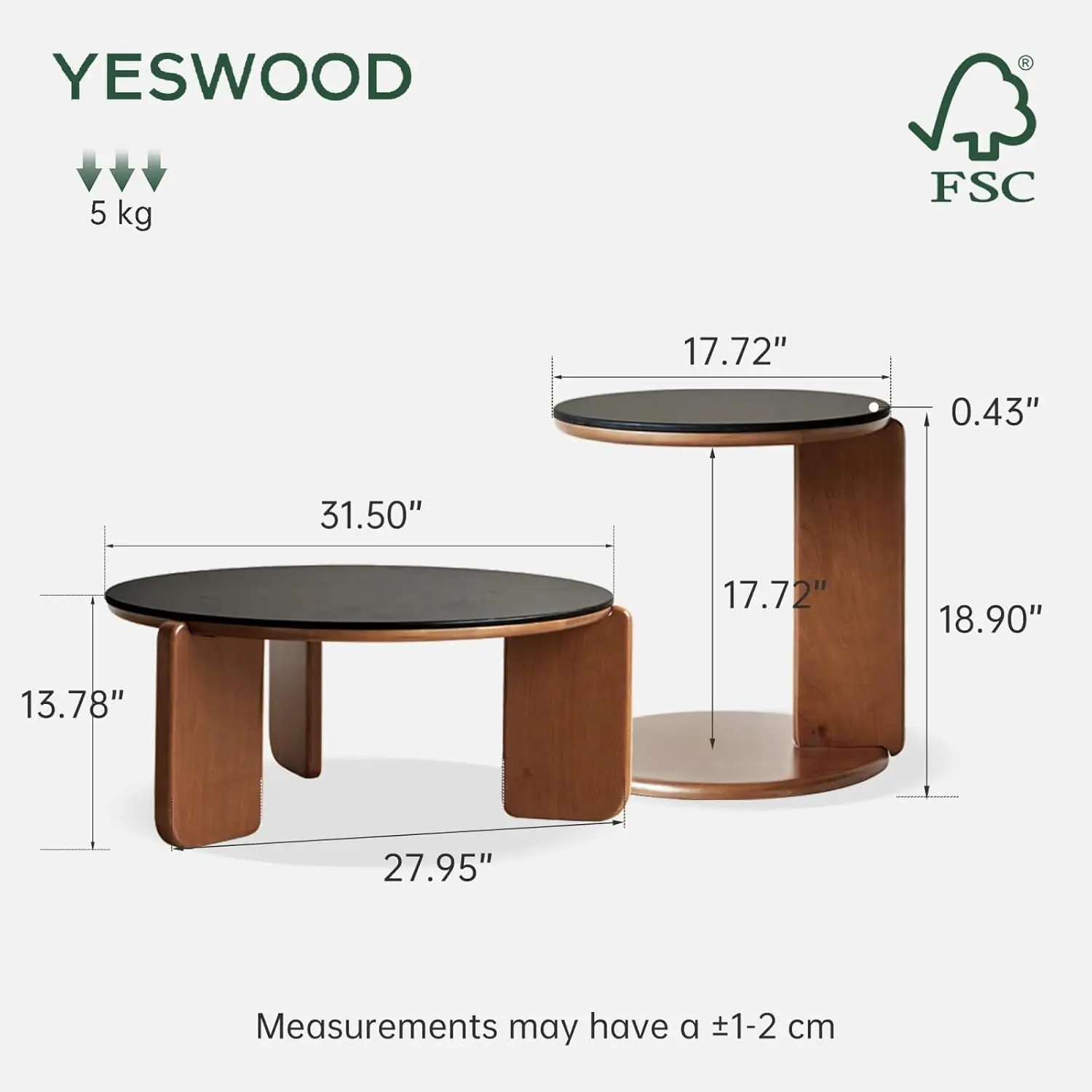 Round Coffee Table Set of 2, Wood Nesting Tables with Sintered Stone Top, Mid Century Morden Table,Small Coffee, Customized