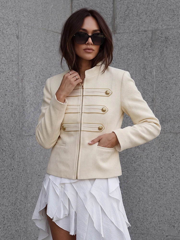 HH Elegant Cream Cropped Military Blazer Spring Fall Stand Collar Gold Decor Buttons Zip Front Jacket For Office Business Casual