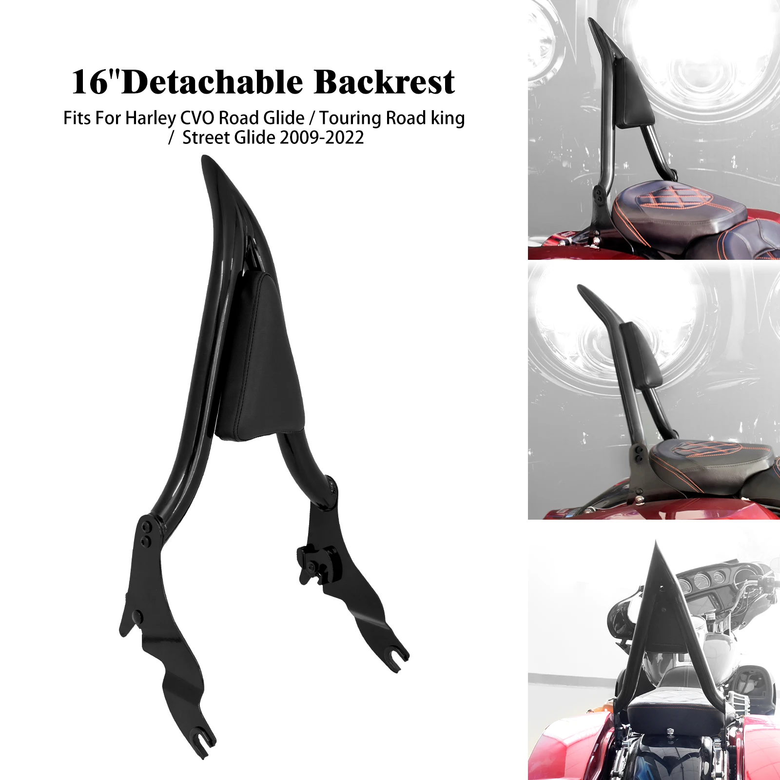 

Motorcycle Rear Passenger Backrests 16'' Detachable Sissy Bar Pad For Harley Touring Road Street Electra Glide FLHR FLHX 2009-23