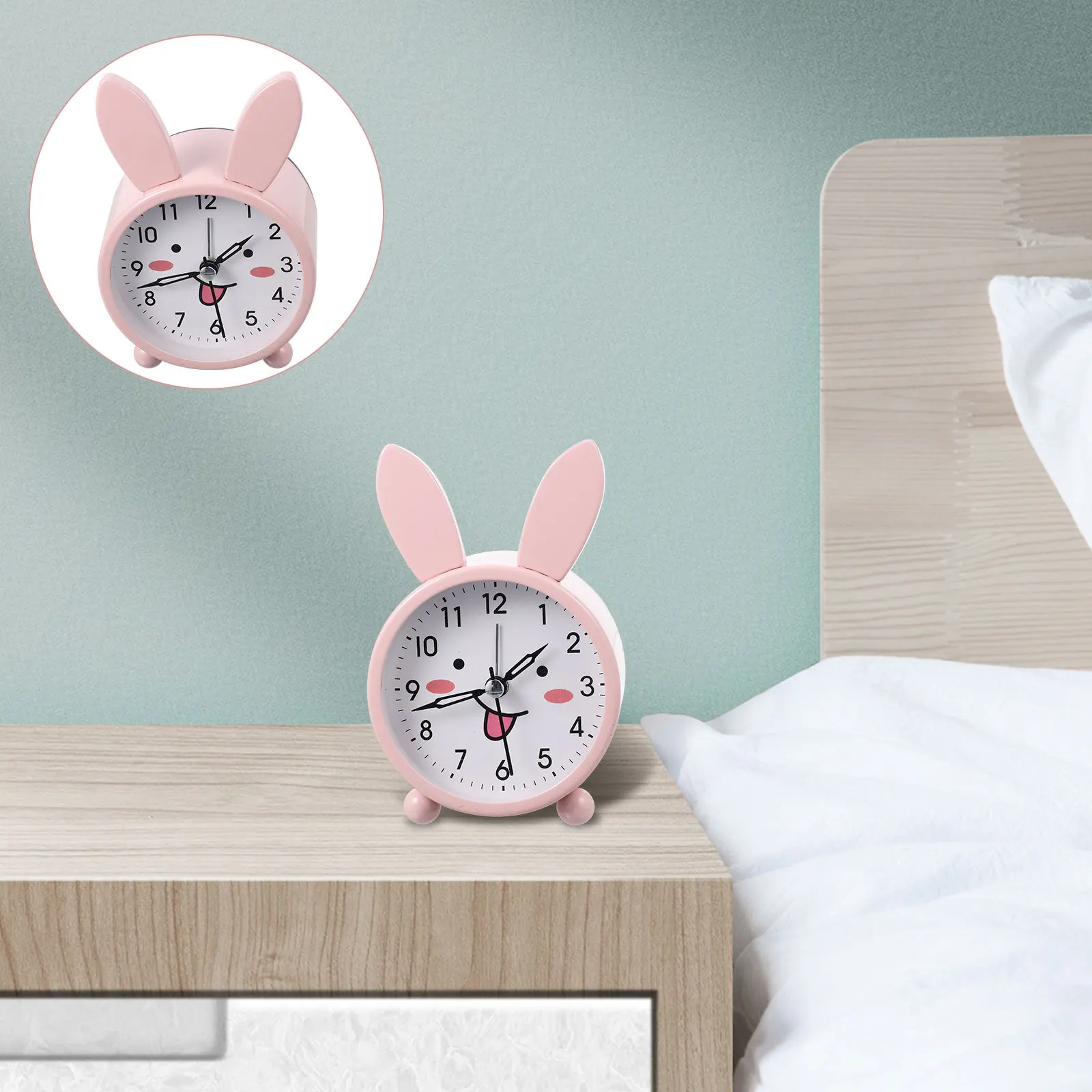 

Cartoon Rabbit Alarm Clock Silent Non-Ticking Desktop Decorative Table Clock Bunny Shape Night Light Bedroom Use
