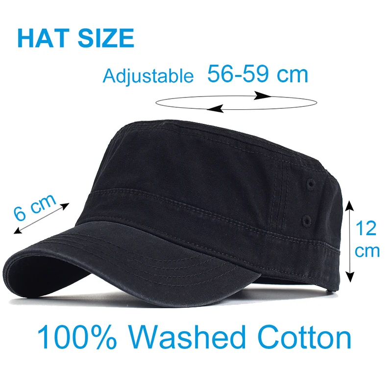 High Quality Washed Cotton Flat Top Hat Casual Military Caps Men Women Unique Design Vintage Adjustable