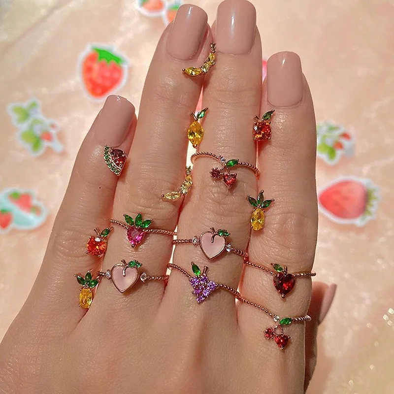 New Cute Fruit Ring Fun Everything Goes With Grape Apple Ring Ins Wind Sweet Maiden Index Finger Ring As A Gift For Women