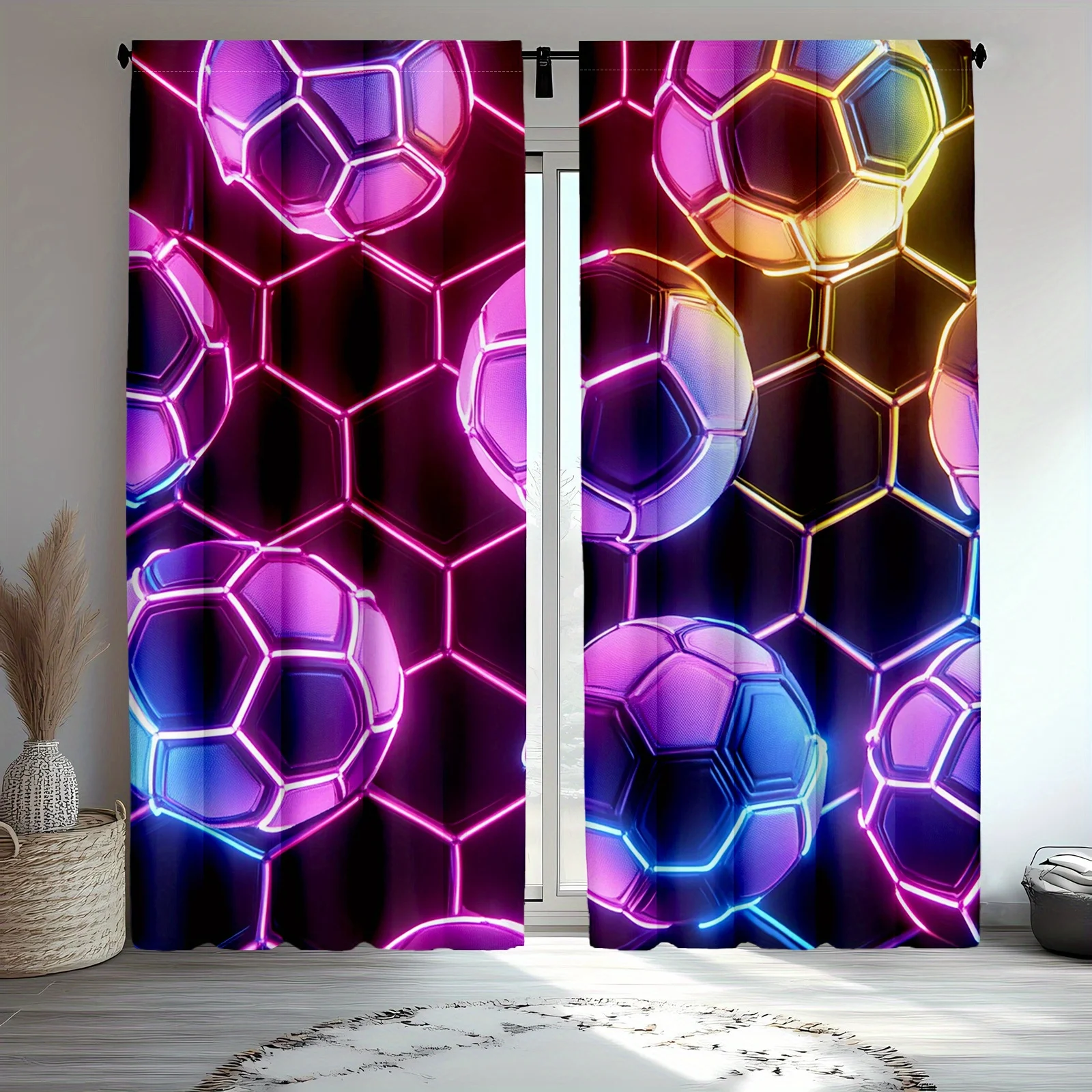 Neon Glow Curtains Pair Hexagon Pattern Sport Football Geometric Aesthetic Modern Curtain Panels for Living Room Window Decor