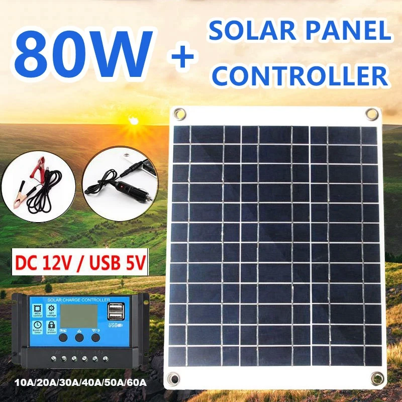 80W Portable Solar Panel Kit 12V/5V Dual USB Solar Charger Waterproof Panel Solar Cells Phone Power Bank with 10A-60A Controller