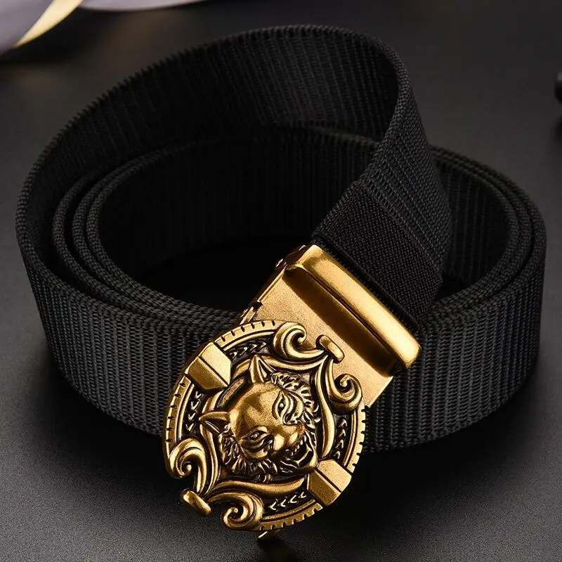 Men's Thickened Nylon Automatic Buckle Fashion Outdoor Casual Belt Canvas Pants Belt Extended Wolf Head Multi-Purpose