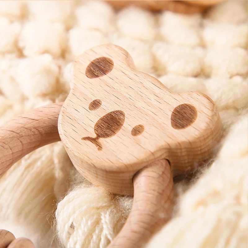 Wooden Toy Rattle Montessori Educational Toys Early Beech Animal  Bear Hand Teething Wooden Ring Baby Rattles for Newborn Baby