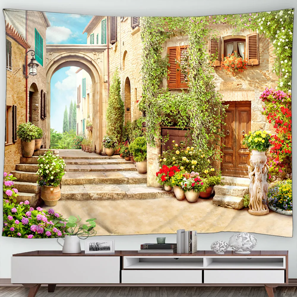 Italian Street Landscape Tapestry Vines Plants Flowers Vintage Arch Architecture Garden Wall Hanging Home Living Room Dorm Decor