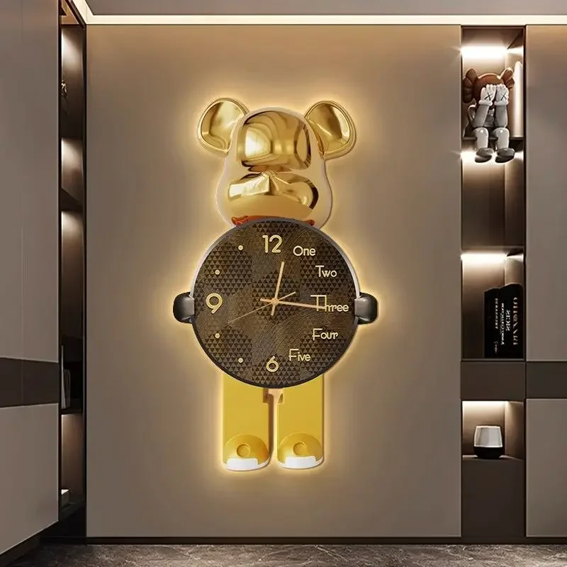 Trendy Bear Wall Clocks Living Room Led Light Wall Clocks Hanging Painting Modern Clock Luxury Entrance Clock Cartoon Brief