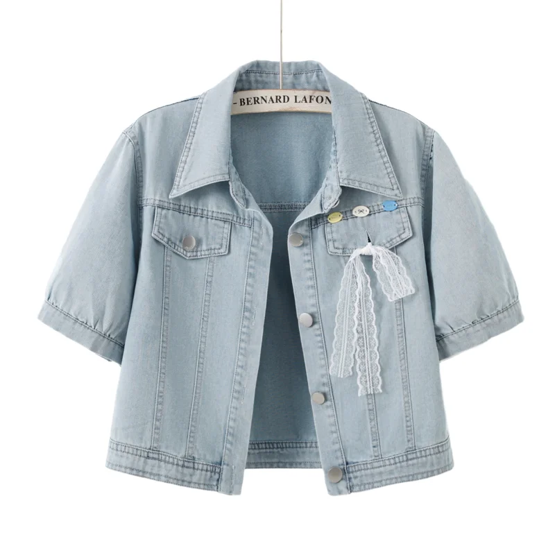 Wash Denim Coat for Women  Lace Ribbon Decoration Puff Sleeve Lapel Collar Lightweight Loose Casual Fashion Youthful Outerwear