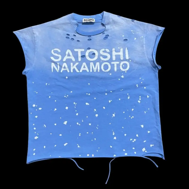 Summer SATOSHI Waistcoat Blue Splash Ink Destruction Sleeveless Tank Top Retro Fading Letter Tshirt Men Women Vest Streetwear