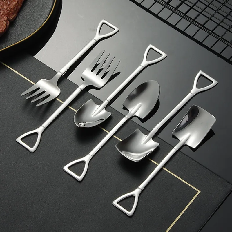 4pcs Coffee Spoon Cutlery Set Stainless Steel Retro Iron Shovel Ice Cream Spoon Scoop Creative Spoon Tea-spoon Fashion Tableware