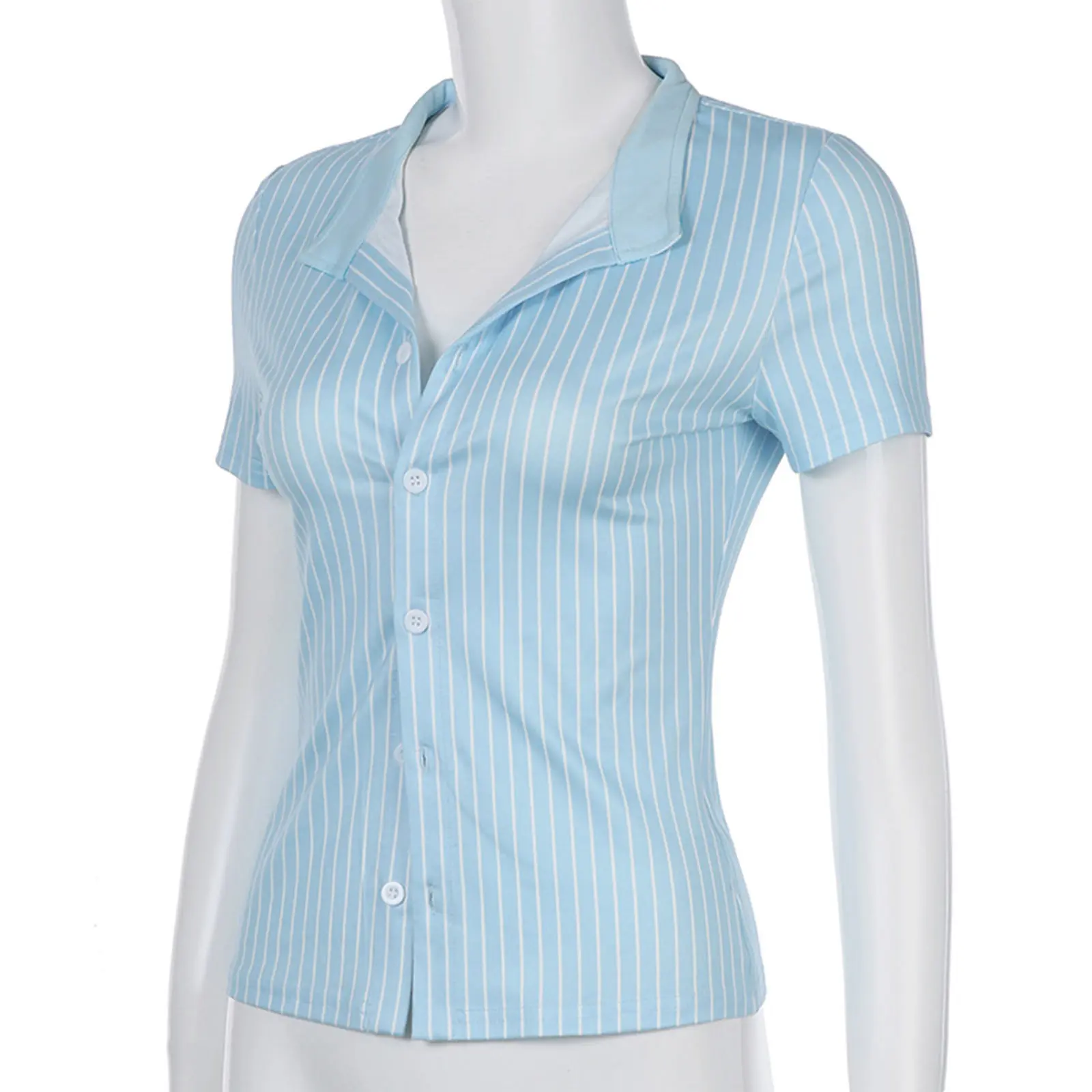Femmes mode petit revers manches courtes rayure bouton fermeture hauts chemisier chemises tenue d'été pour le travail trajet réunion fête