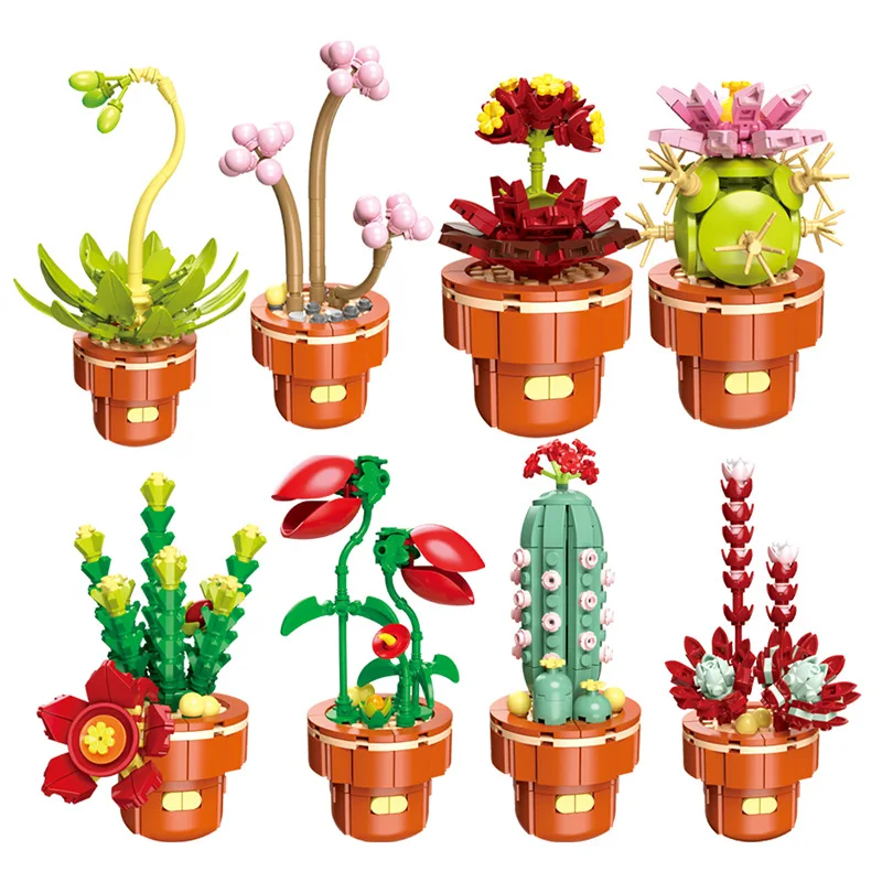 Flower Potted Plant Succulents Building Blocks Ornaments Models Home Decoration Flower Bouquet MOC Bricks Assembly Toy Kids Gift