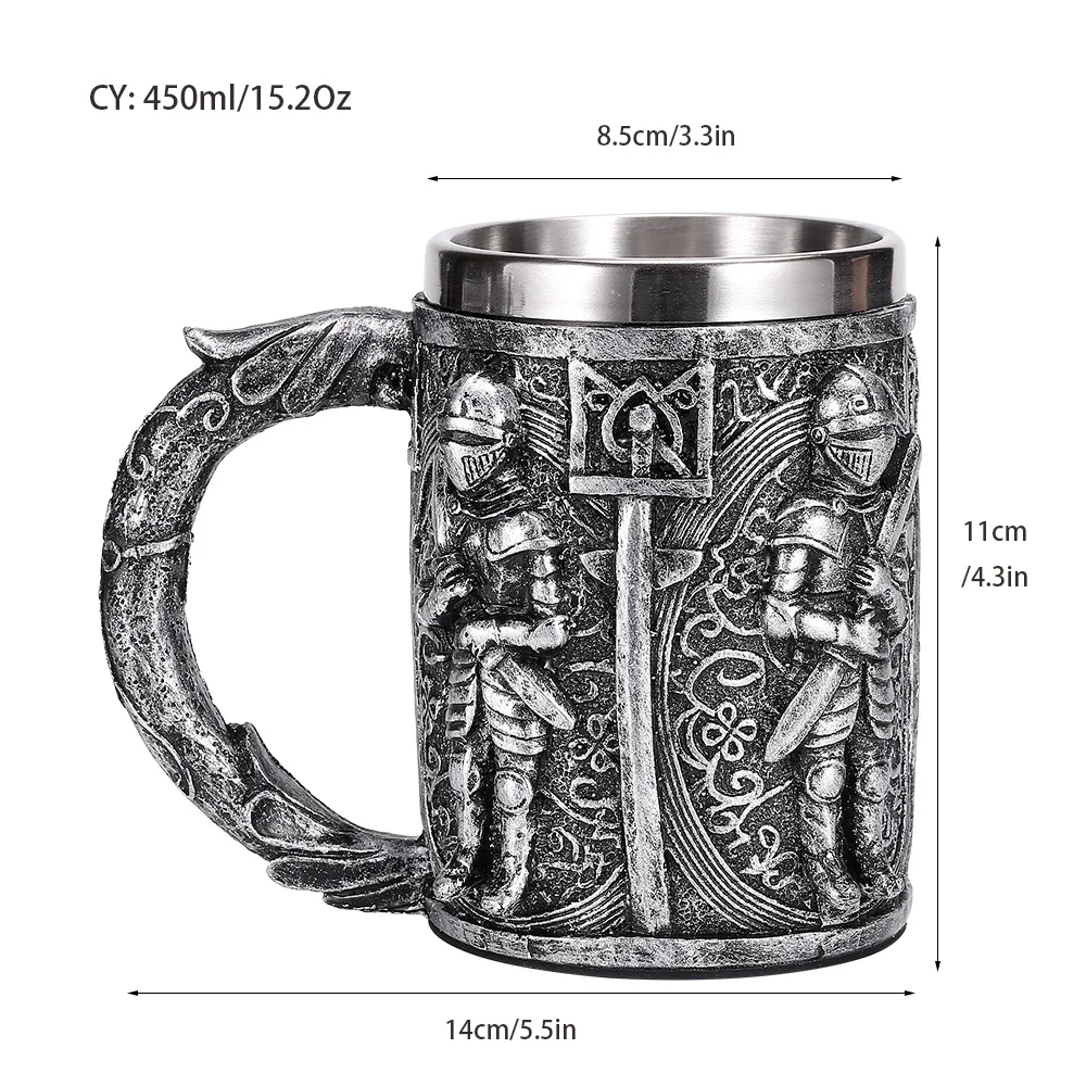 Medieval Warrior Resin Stainless Steel Beer Mug Knight Stein Retro Tankard Creative Coffee Cup Viking Tea Mug Pub Bar Decoration