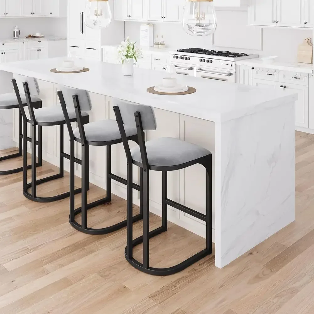 Set of 4 Gray Upholstered Curved Back Metal Counter Height Bar Stools for Kitchen Dining Room - view 3