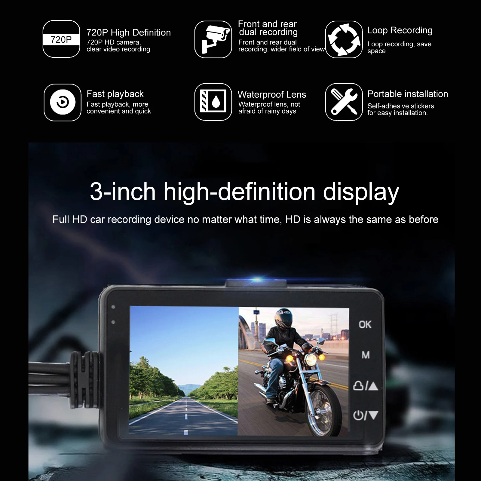 720P Motorcycle Driving Recorder Motorcycle Dashcam 3 Inch Front & Rear Camera Video Recorder DVR Handlebar Fixing Moto Accessor