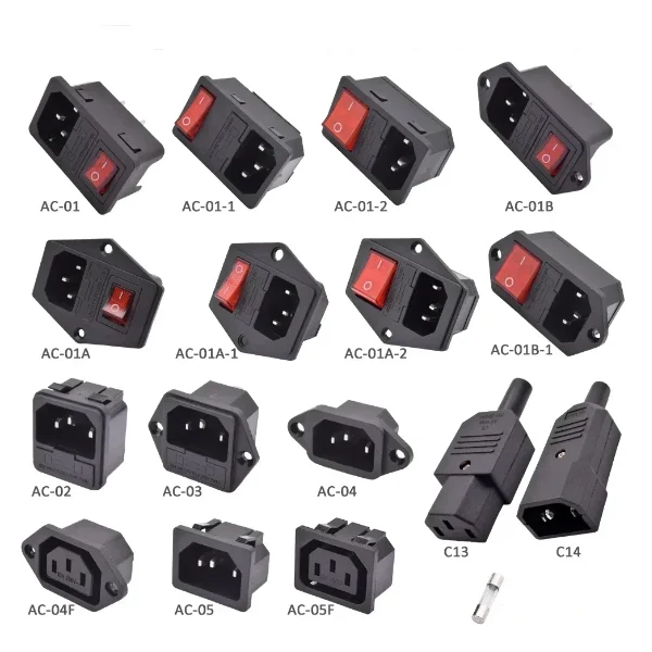 AC-01/AC-02/AC-03/AC-04/AC-05/AC-04F/AC-05F/C13/C14 3-Pin Power Plug and Socket 250V 10A Fuse Red Led Rocker Boat Switch