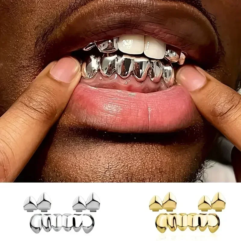 3CPS/Set Gold Silver-Plated Hip Hop Teeth for Mouth Grillz Caps Top&Bottom Grill Set Vampire Teeth for Halloween Party Sets