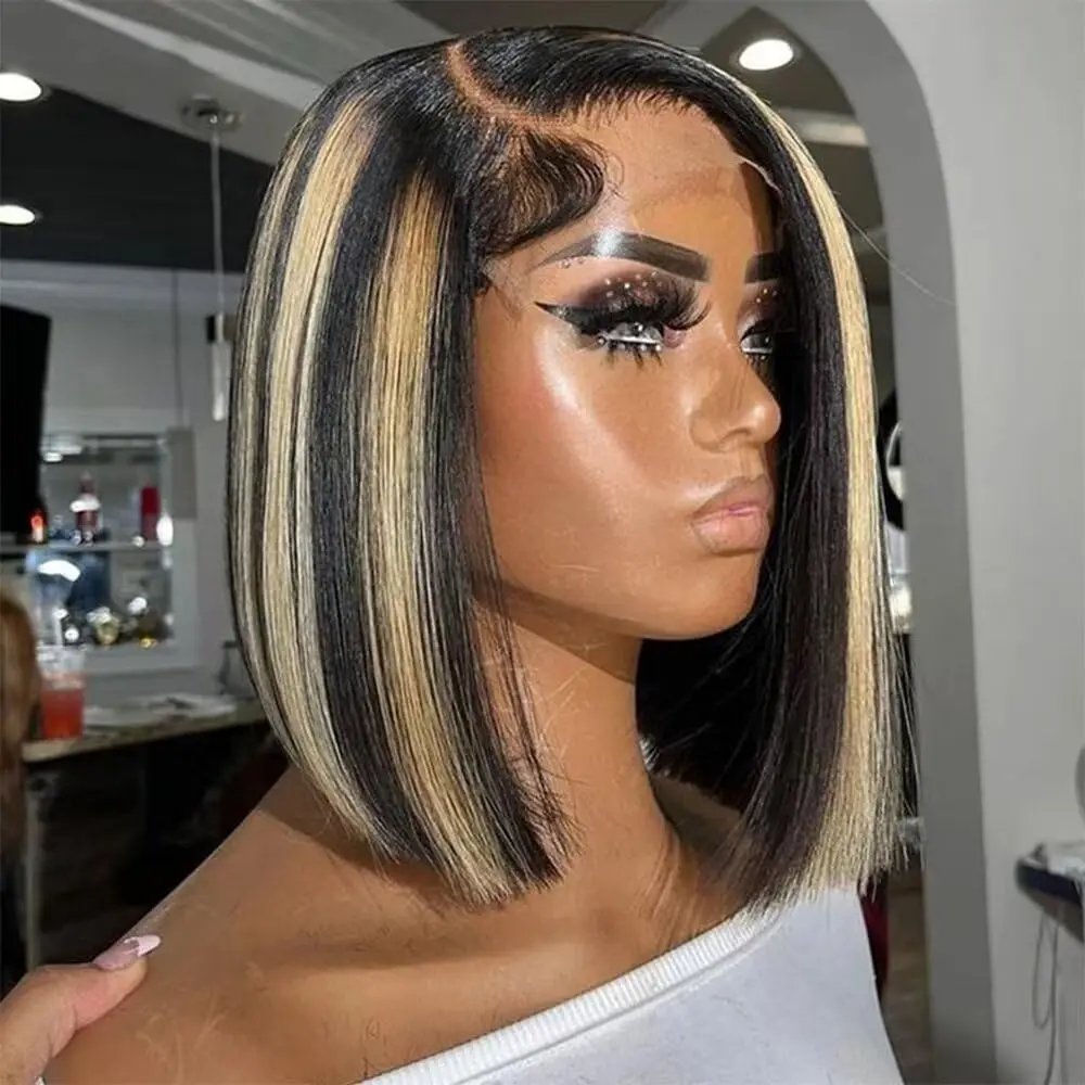 1B/27 Short Bob Wigs Brazilian Human Hair Ombre Highlight color Transparent Lace Frontal Bob Wigs Straight Hair For Women