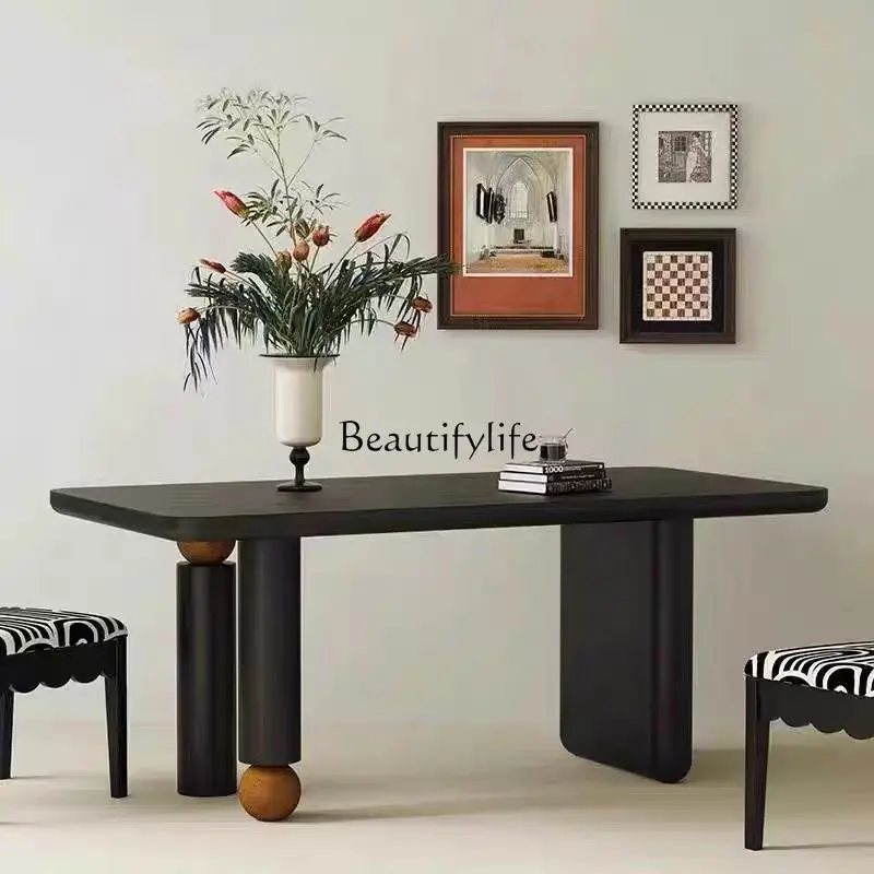 

Medieval rectangular solid wood casual dining table household black spherical dining table