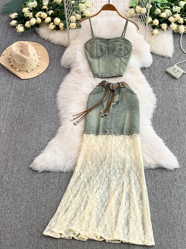 

Американский ретро ор, джинсовый жилет на бретелях, кружевная утягивающая юбка с высокой талией, комплект из двух предметов, женская мода