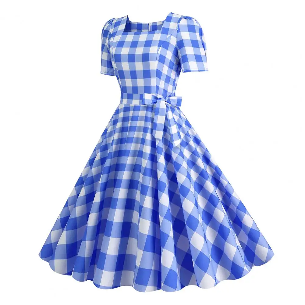 Short Sleeve Midi Dress Retro Plaid Print A-line Swing Dress with Square Collar Bowknot Decor for Women Vintage Cocktail Party