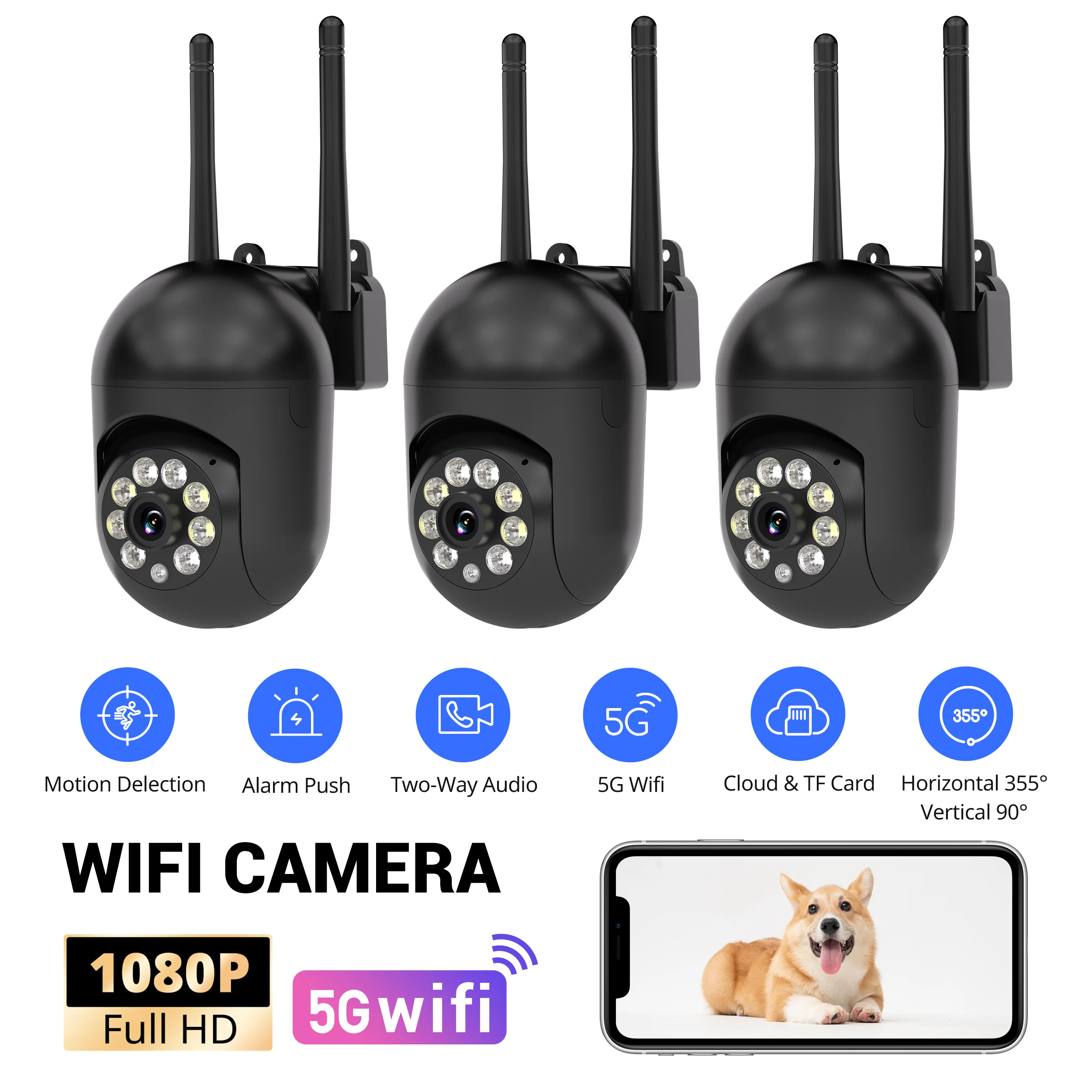 Ease Life APP 5G 3PCS Upgraded Version Surveillance Camera Color Night Vision Motion Tracking Indoor Outdoor Security Y108-Black