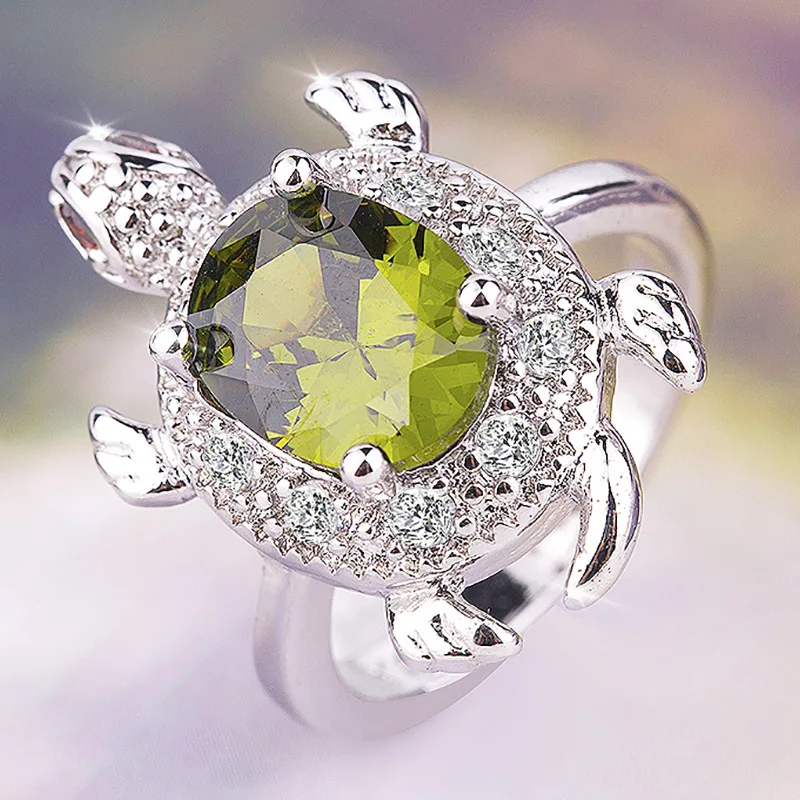 Female Big Olive Green Turtle Ring Retro Silver Color Crystal Zircon Stone Wedding Jewelry For Women Valentine's Day Gift