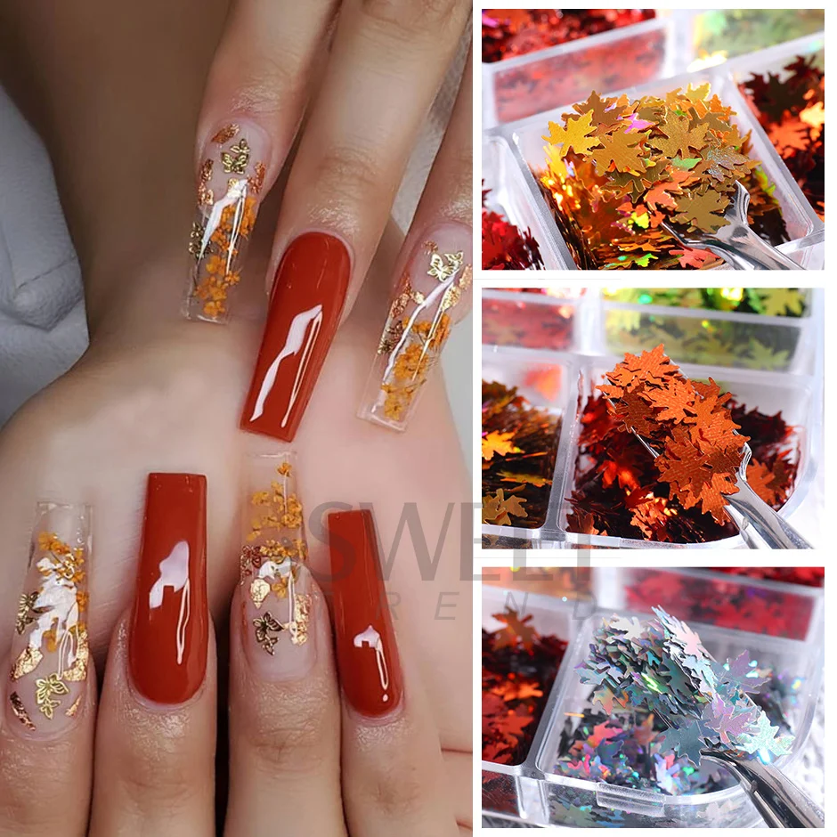 6 Roosters 3d Esdoorn Bladeren Nail Art Pailletten Holografische Goud Rood Blad Paillettes Deel Vlok Slice Fall Glitter Manicure Decoratie