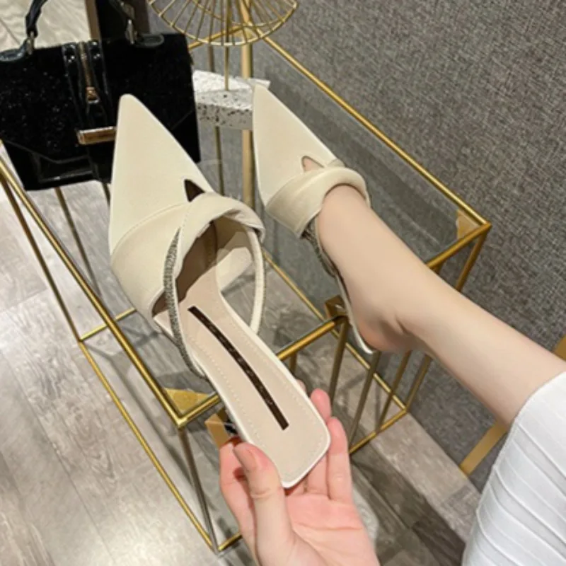 Beige PU High-heel Slippers for Women Luxury Rhinestone Narrow Band Kitten Heel Designer Shoes Elegant Commuting Office Shoes