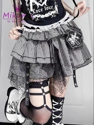 Mikumn Harajuku Girls Kawaii Punk Mini Skirts Y2k Gothic Lolita Black White Plaid Lace Cake Skirts Women A-line Rock Short Skirt