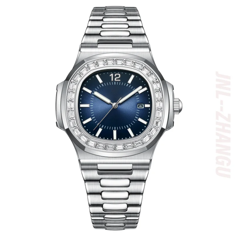 Luxury Superior Quality Quartz Man Clock Stainless Steel Waterproof Luminous Fashion Square Diamond Inlay Watch for Men